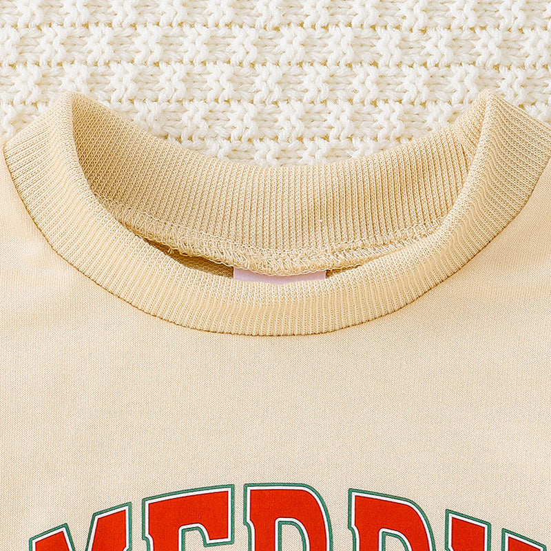 2Pcs Christmas Outfits MERRY Christmas Letter Print Round Neck Long Sleeve Sweatshirt & Pants Set