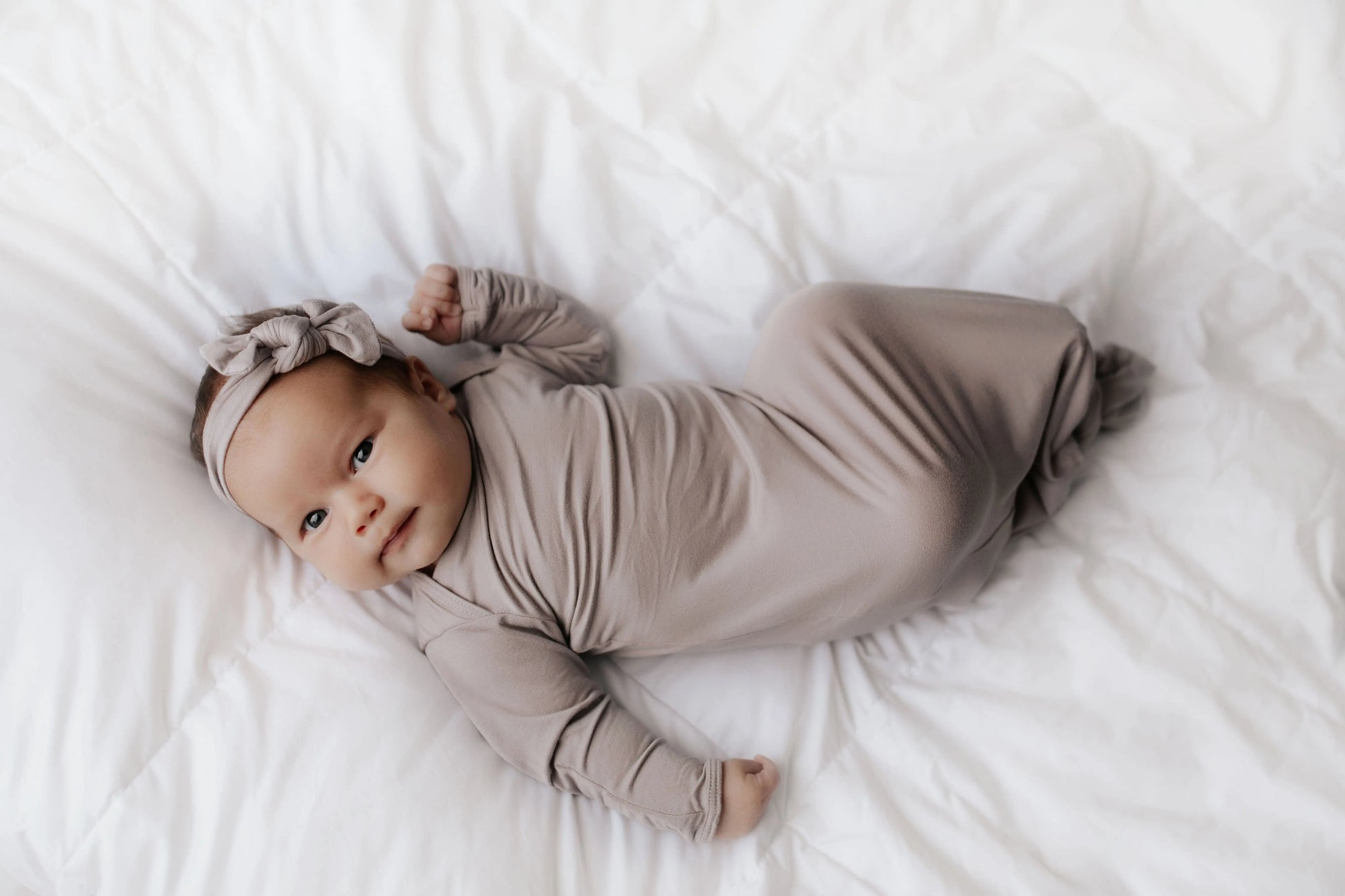 Harbor Mist Neutral Knotted Newborn Baby Gown Three Little Tots