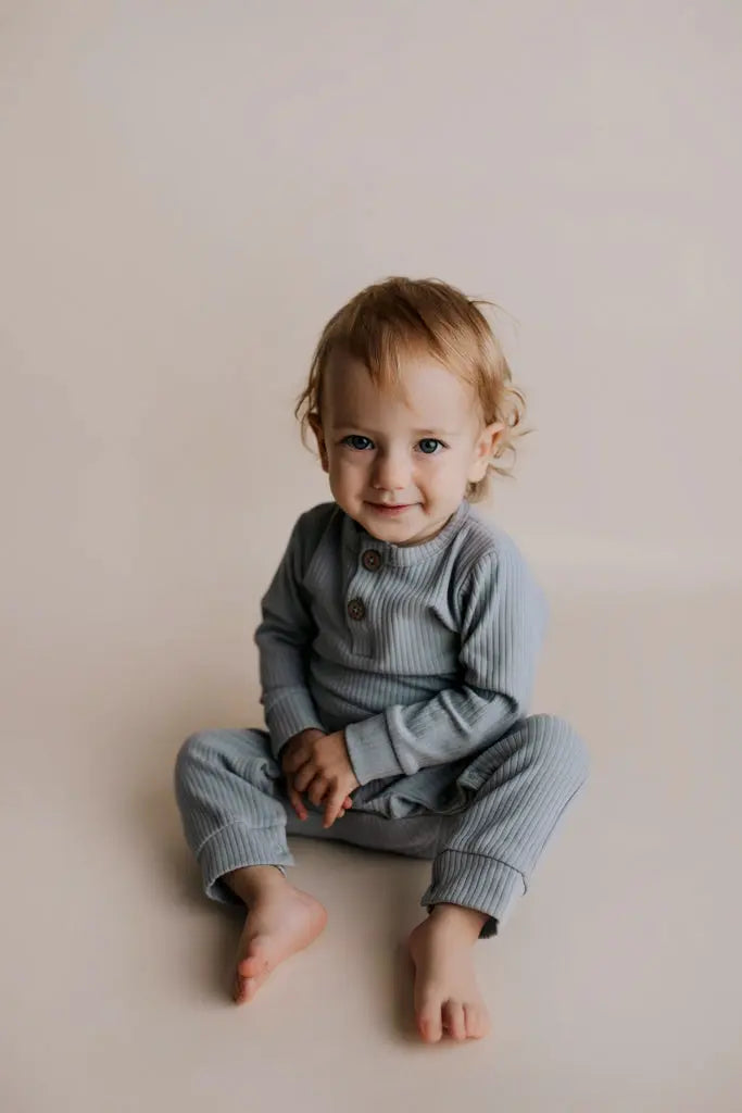 Blissful Blue Baby Ribbed Playsuit with pockets Three Little Tots