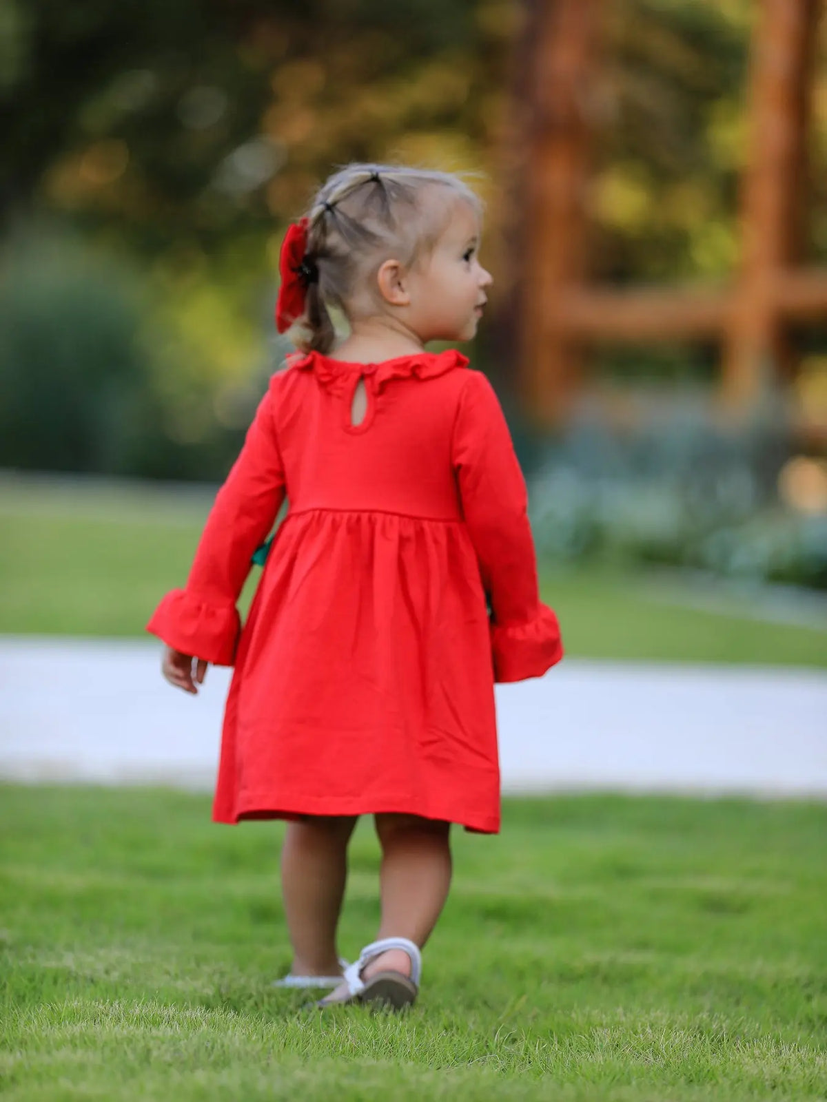 Christmas Smocked Dress with Green Bow and Tree Embroidery Rylee Faith Designs