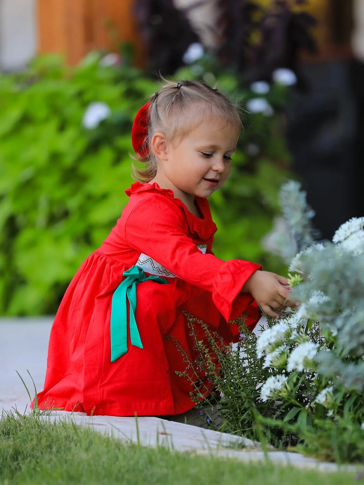 Christmas Smocked Dress with Green Bow and Tree Embroidery Rylee Faith Designs