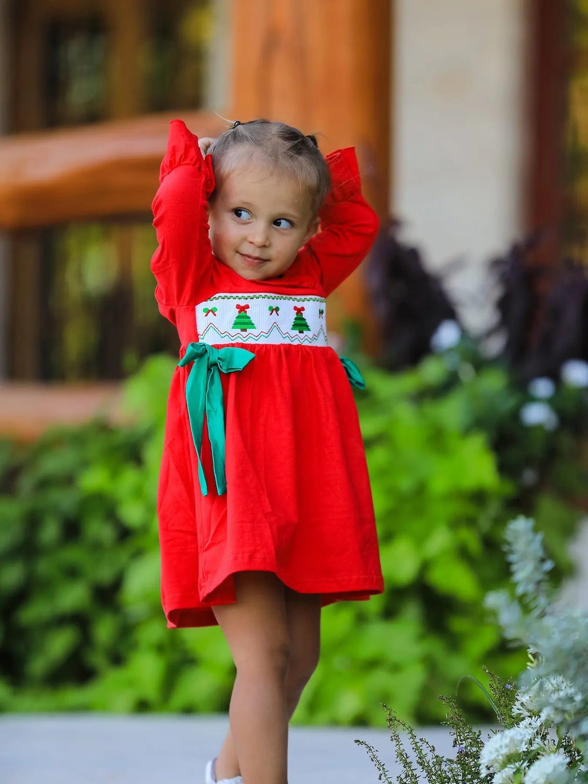 Christmas Smocked Dress with Green Bow and Tree Embroidery Rylee Faith Designs