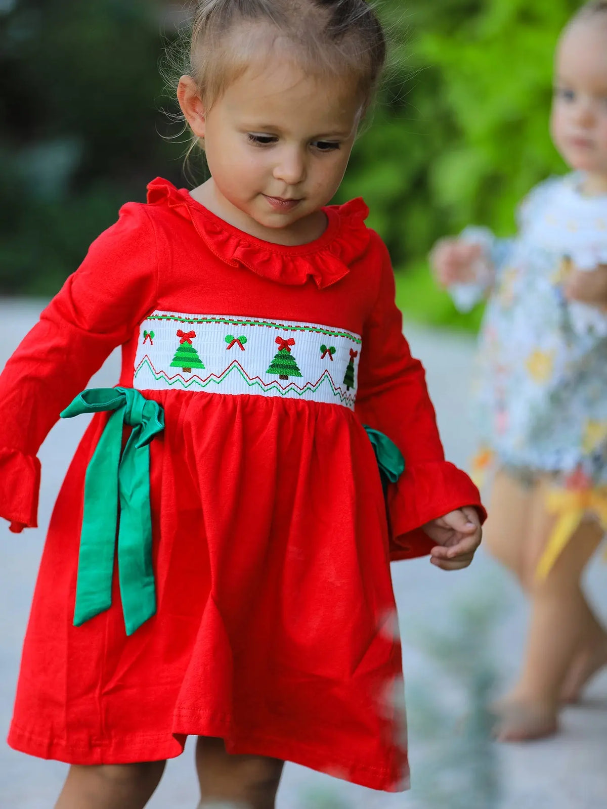 Christmas Smocked Dress with Green Bow and Tree Embroidery Rylee Faith Designs