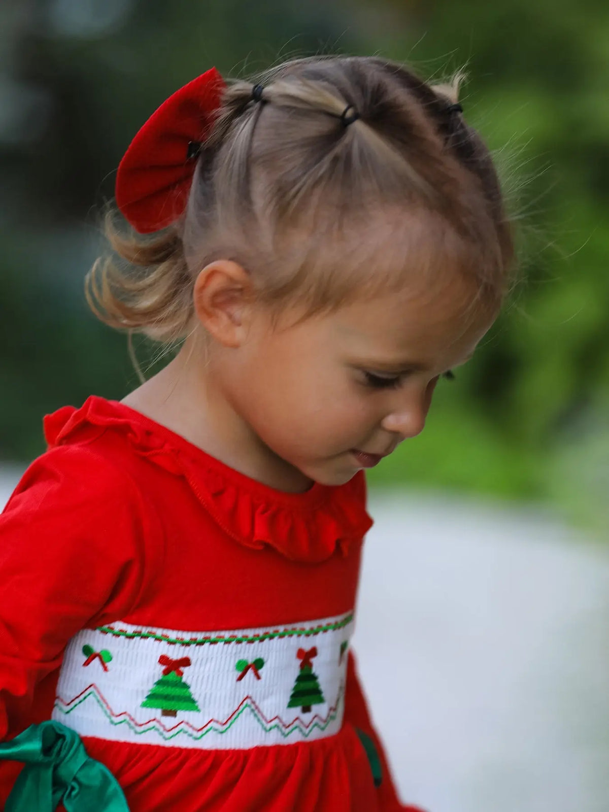 Christmas Smocked Dress with Green Bow and Tree Embroidery Rylee Faith Designs
