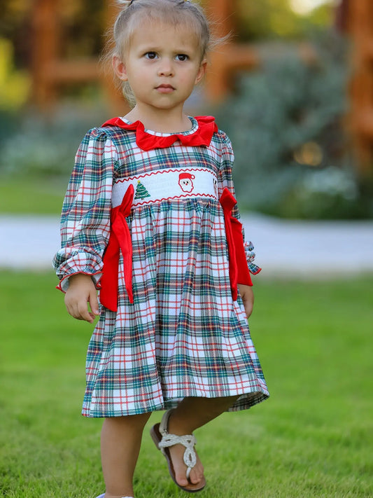 Christmas Embroidery Smocking Bow Plaid Girls Dress Rylee Faith Designs