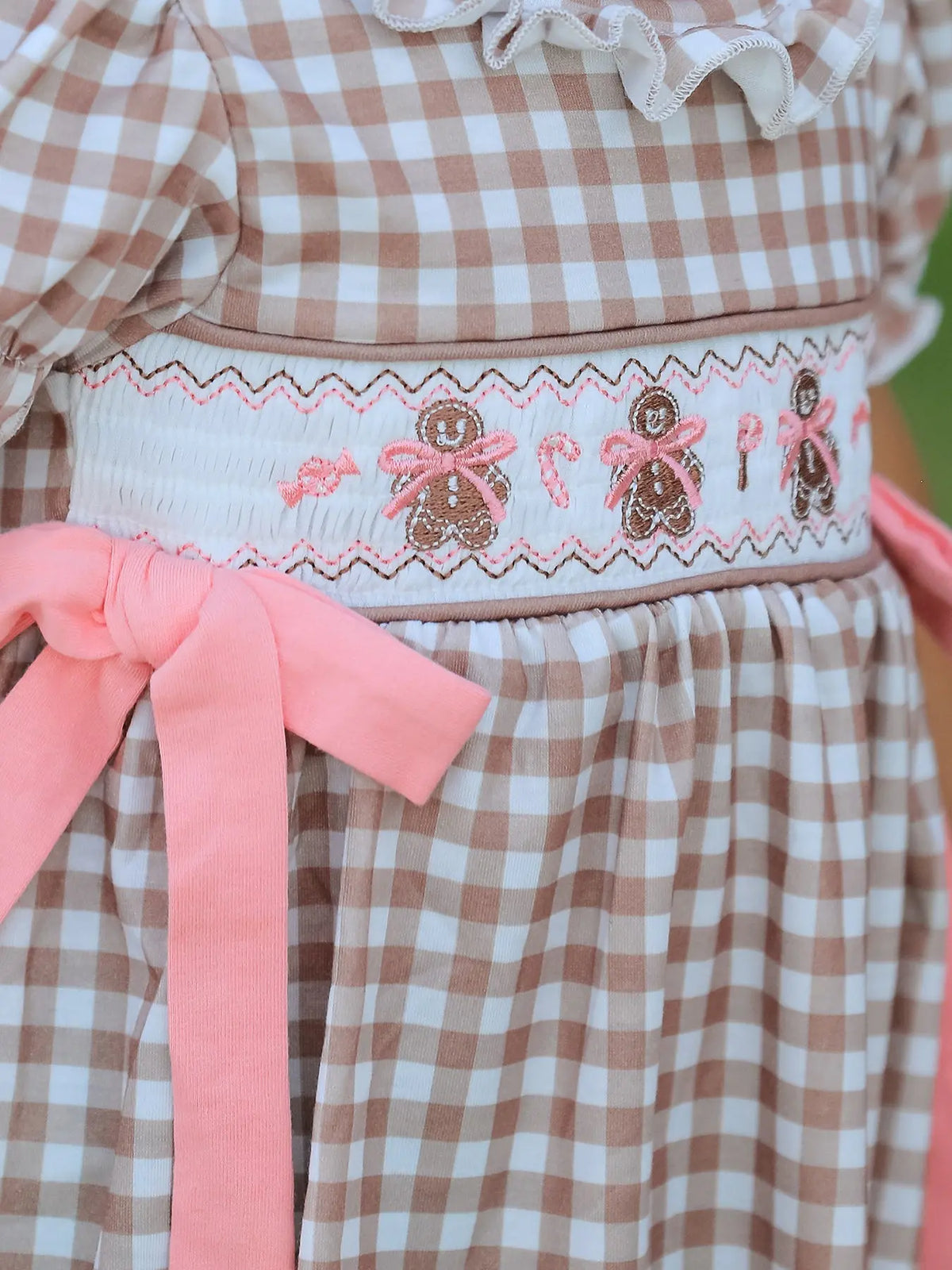 Christmas Vintage-Style Plaid Dress with Embroidered Gingerbread and Bows