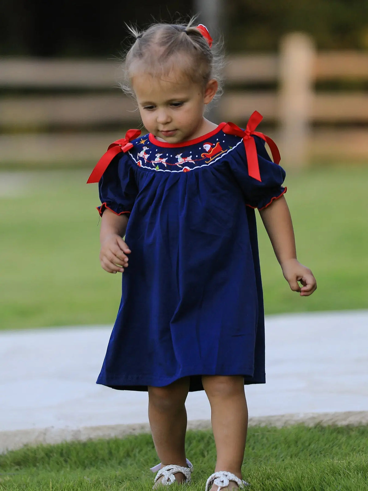 Christmas  Holiday Celebration Dress: Navy with Santa Sleigh Rylee Faith Designs