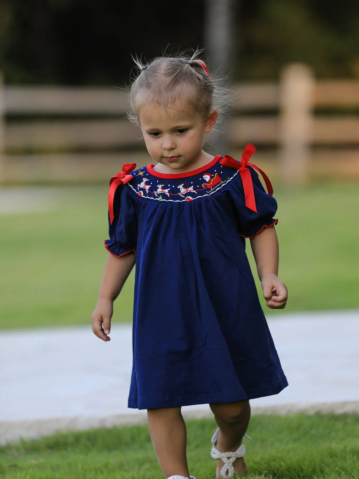 Christmas  Holiday Celebration Dress: Navy with Santa Sleigh Rylee Faith Designs