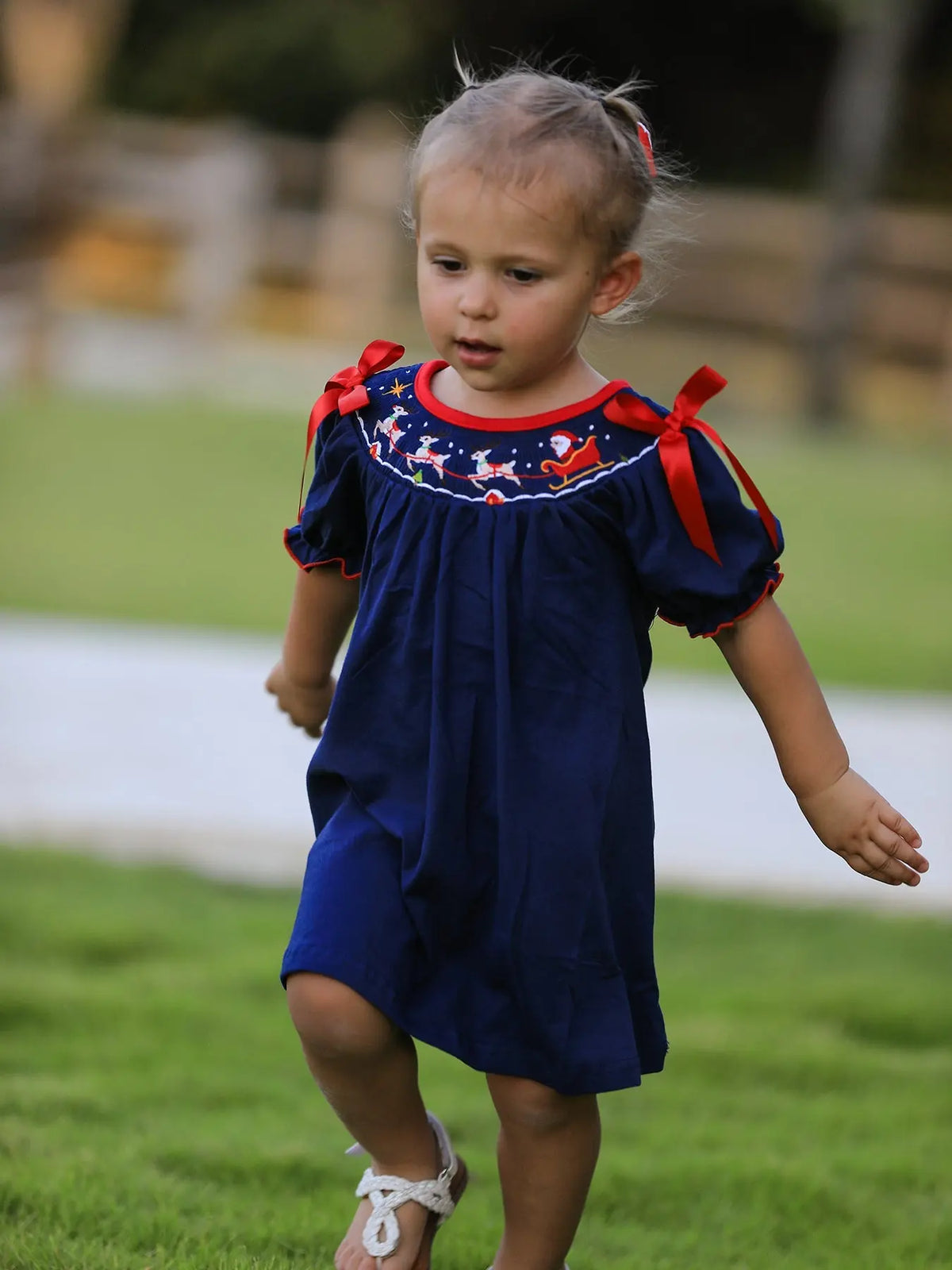 Christmas  Holiday Celebration Dress: Navy with Santa Sleigh Rylee Faith Designs