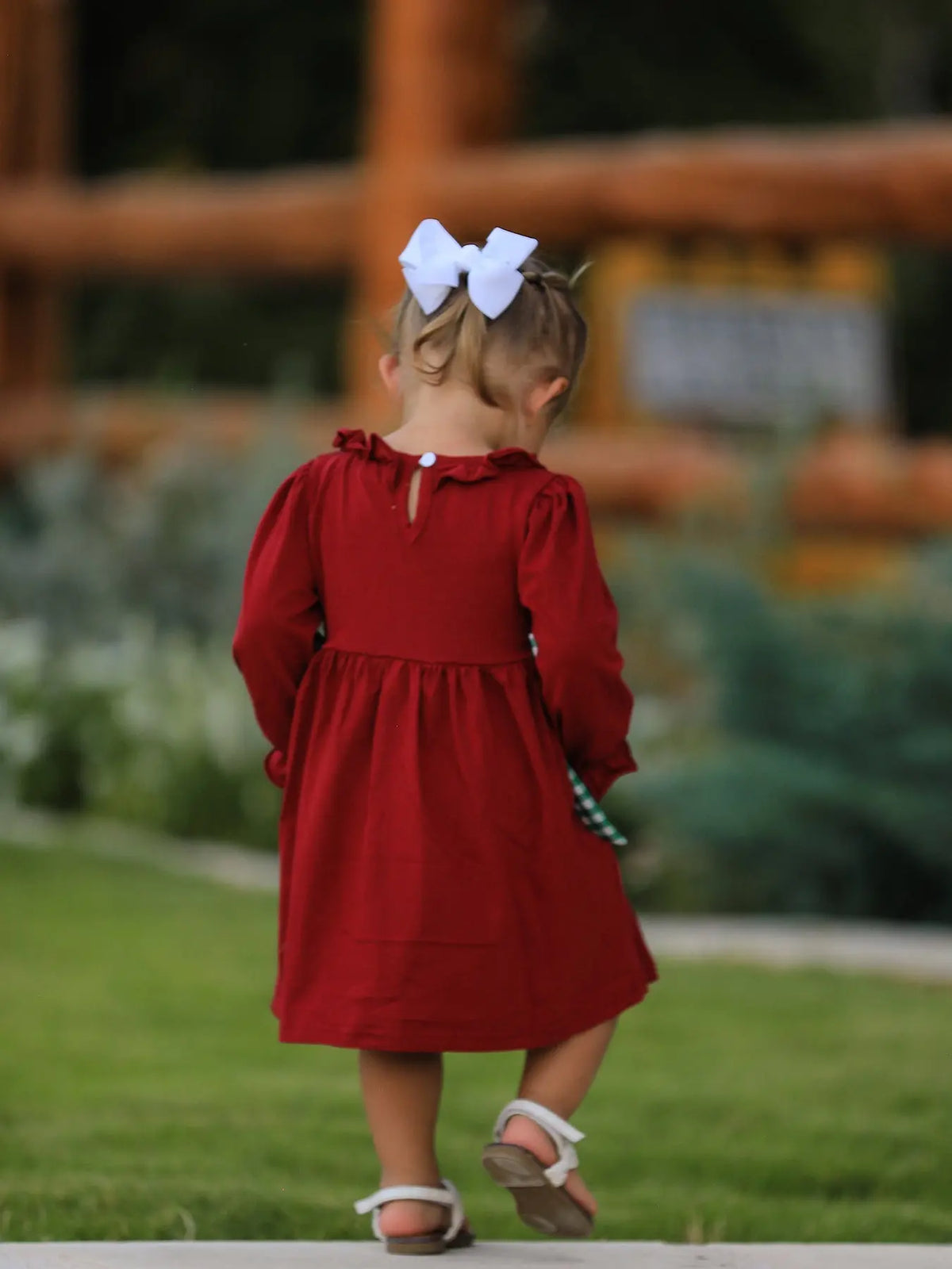 Christmas Smocking Embroidered Girls Dress with Green Plaid Bow Rylee Faith Designs
