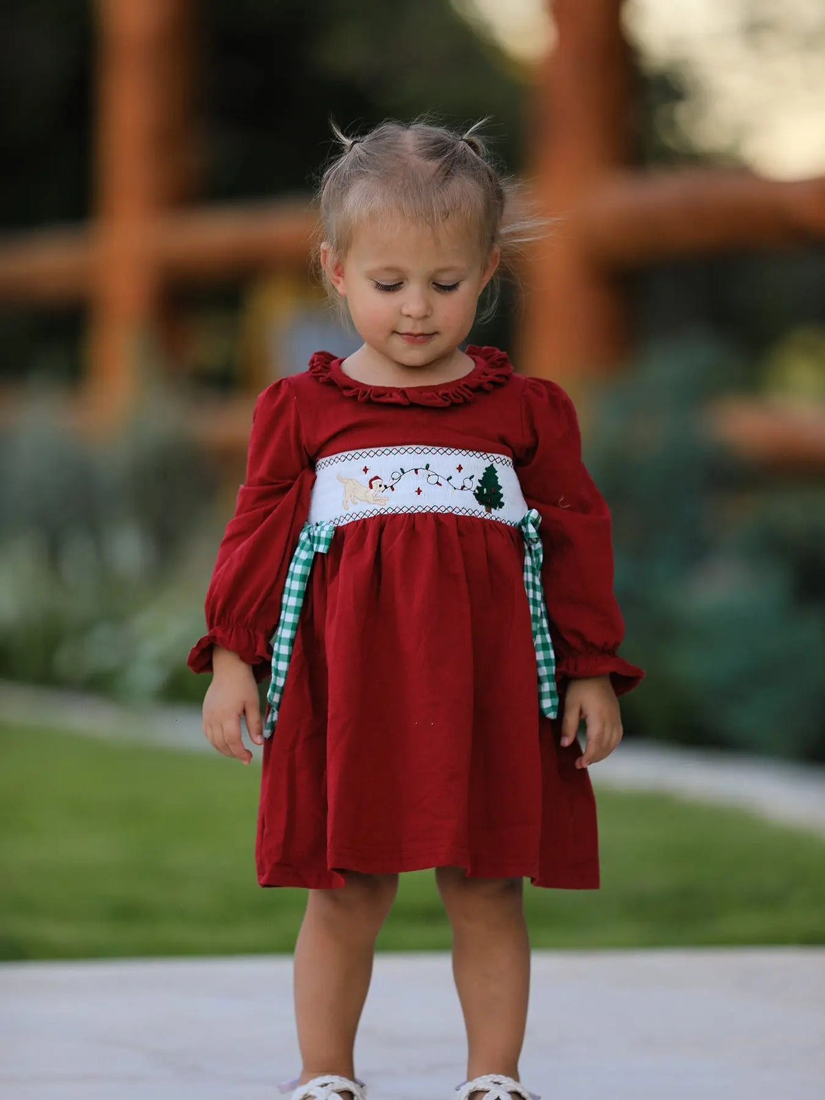 Christmas Smocking Embroidered Girls Dress with Green Plaid Bow Rylee Faith Designs