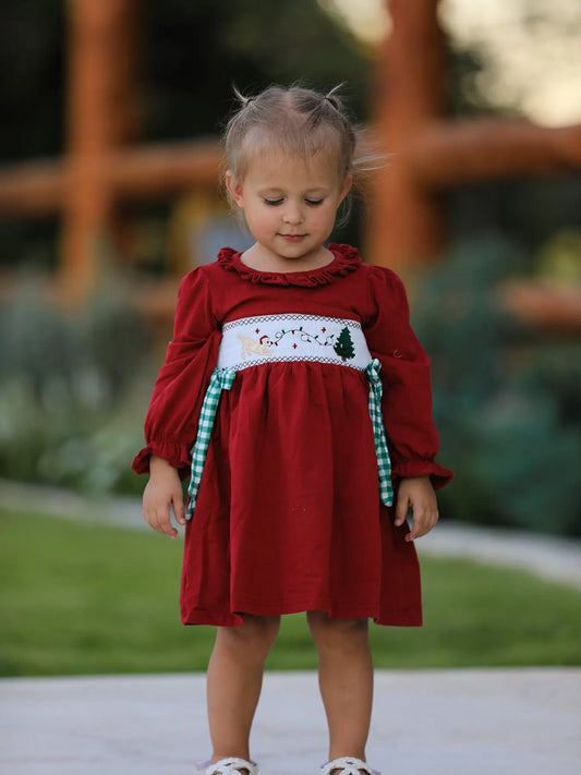 Christmas Smocking Embroidered Girls Dress with Green Plaid Bow Rylee Faith Designs