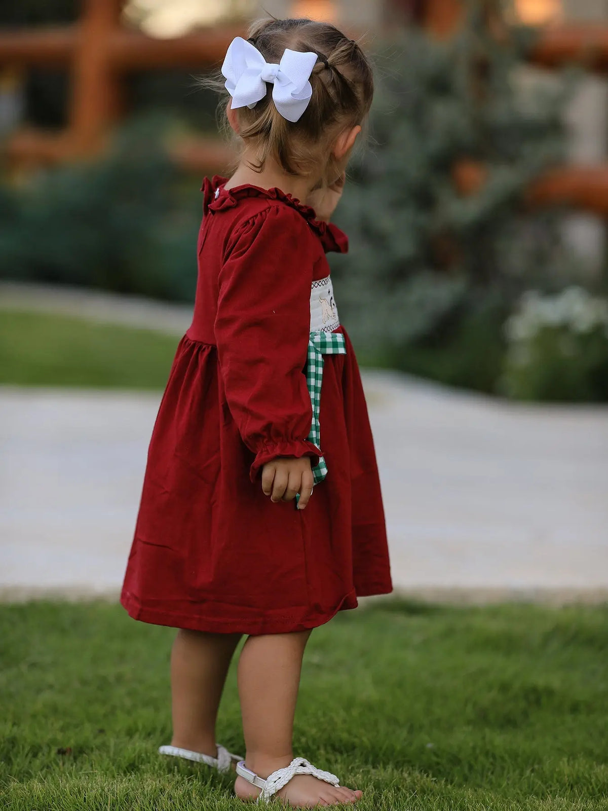 Christmas Smocking Embroidered Girls Dress with Green Plaid Bow Rylee Faith Designs