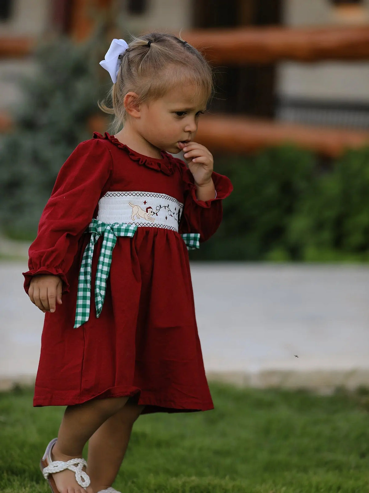 Christmas Smocking Embroidered Girls Dress with Green Plaid Bow Rylee Faith Designs