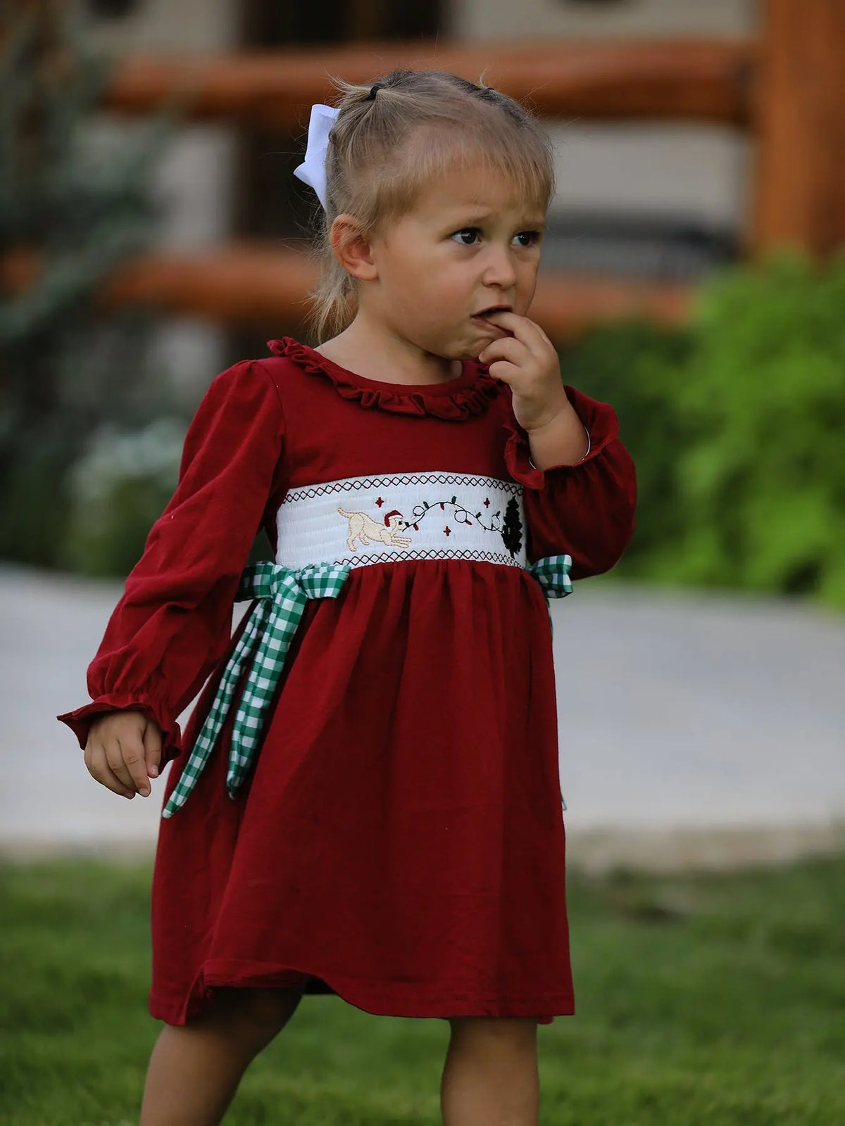 Christmas Smocking Embroidered Girls Dress with Green Plaid Bow Rylee Faith Designs
