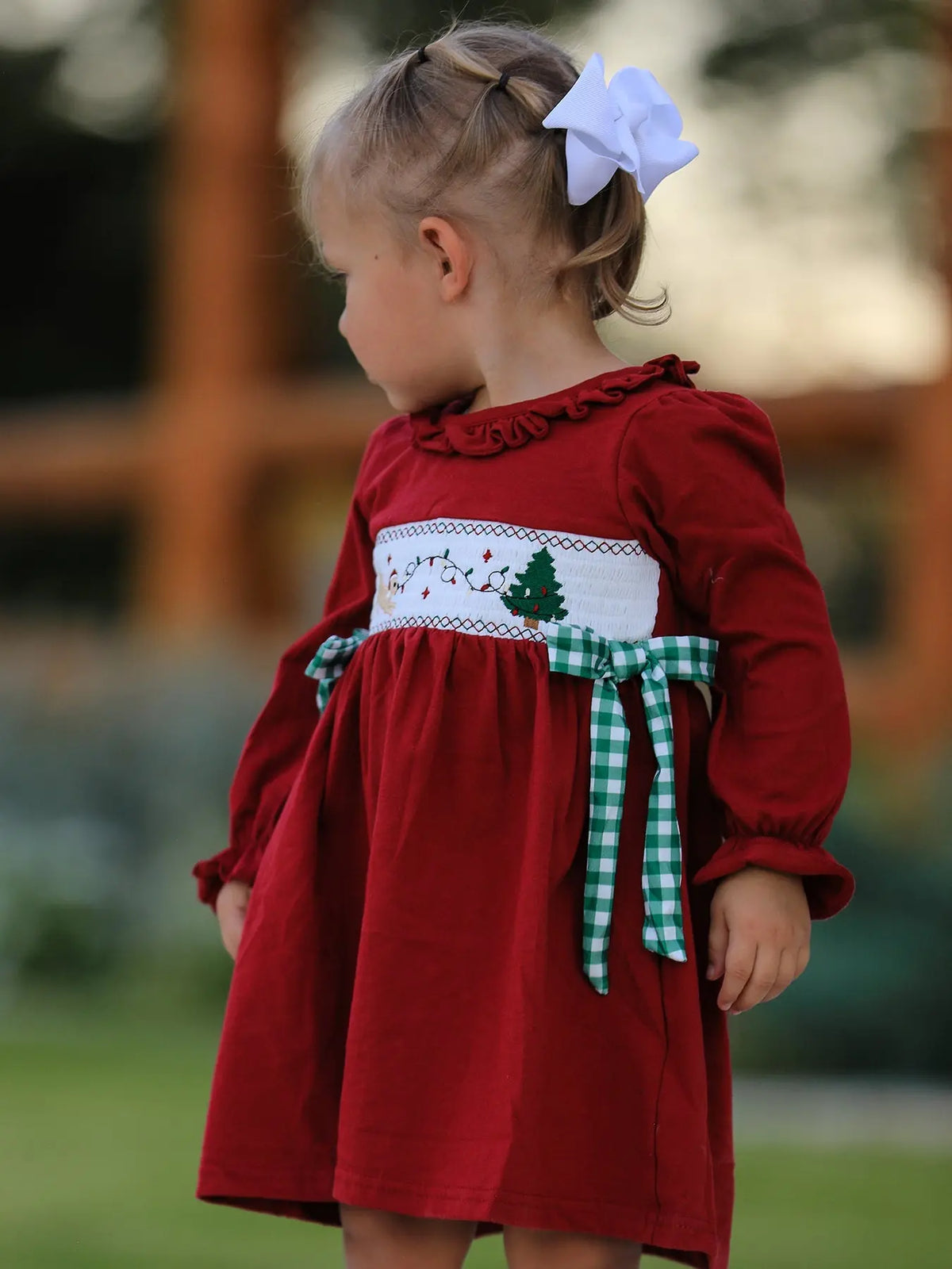 Christmas Smocking Embroidered Girls Dress with Green Plaid Bow Rylee Faith Designs