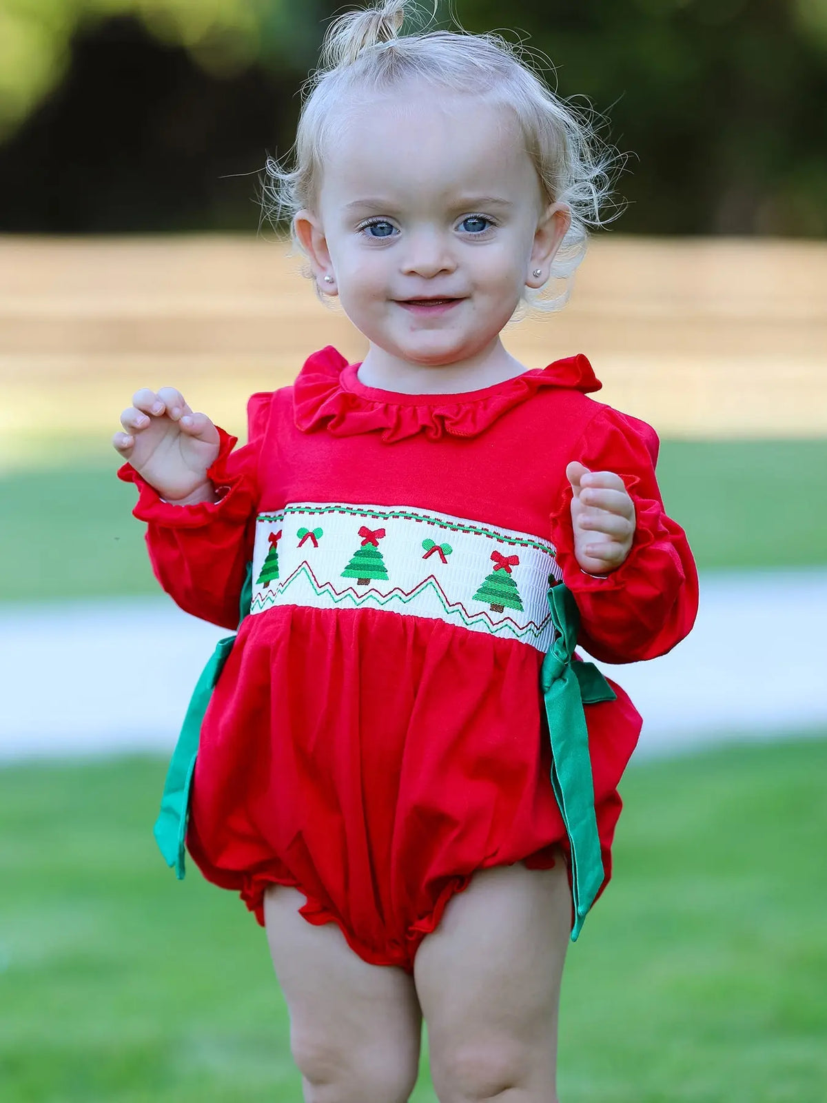 Christmas Smocked Girls Romper with Green Bow and Tree Embroidery Rylee Faith Designs