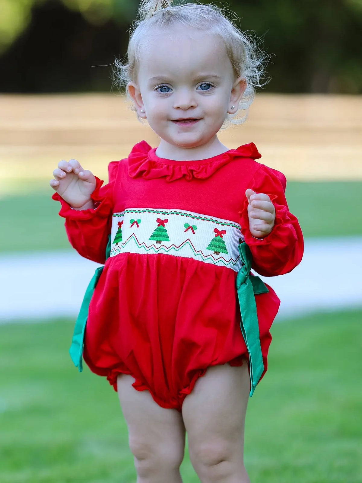 Christmas Smocked Girls Romper with Green Bow and Tree Embroidery Rylee Faith Designs