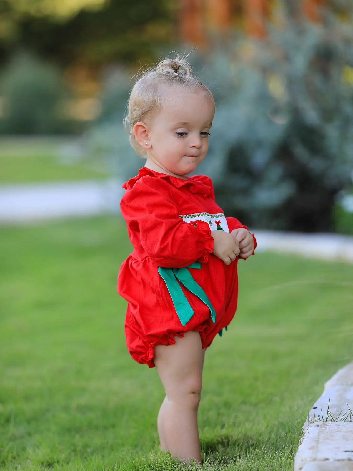 Christmas Smocked Girls Romper with Green Bow and Tree Embroidery Rylee Faith Designs