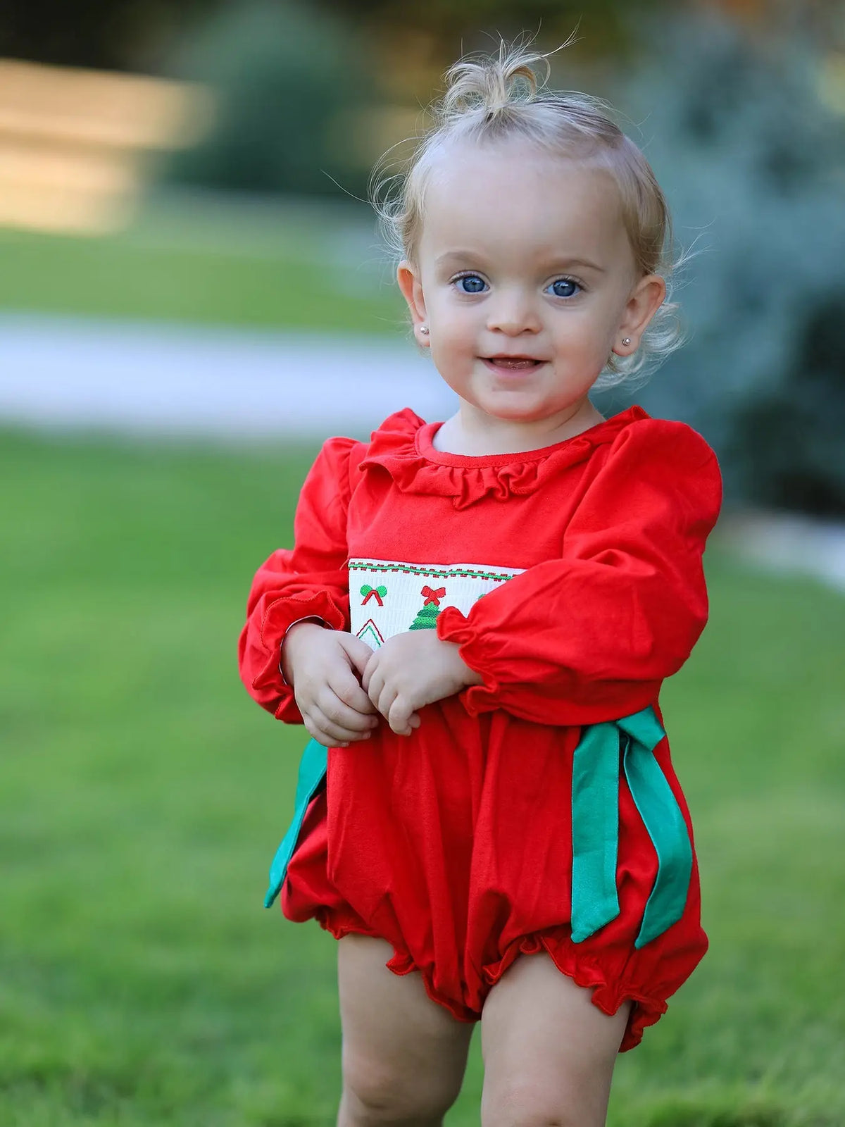 Christmas Smocked Girls Romper with Green Bow and Tree Embroidery Rylee Faith Designs
