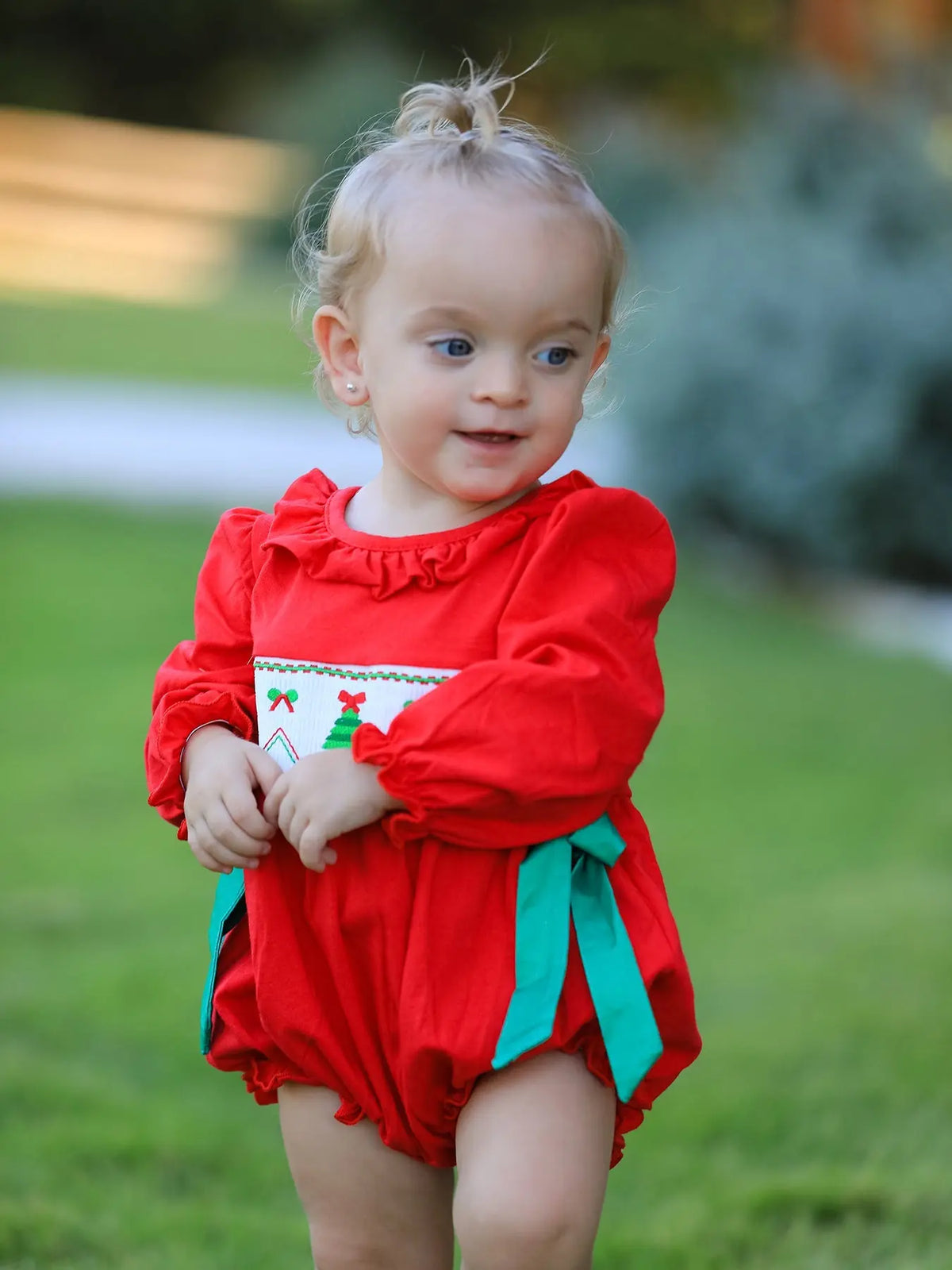 Christmas Smocked Girls Romper with Green Bow and Tree Embroidery Rylee Faith Designs