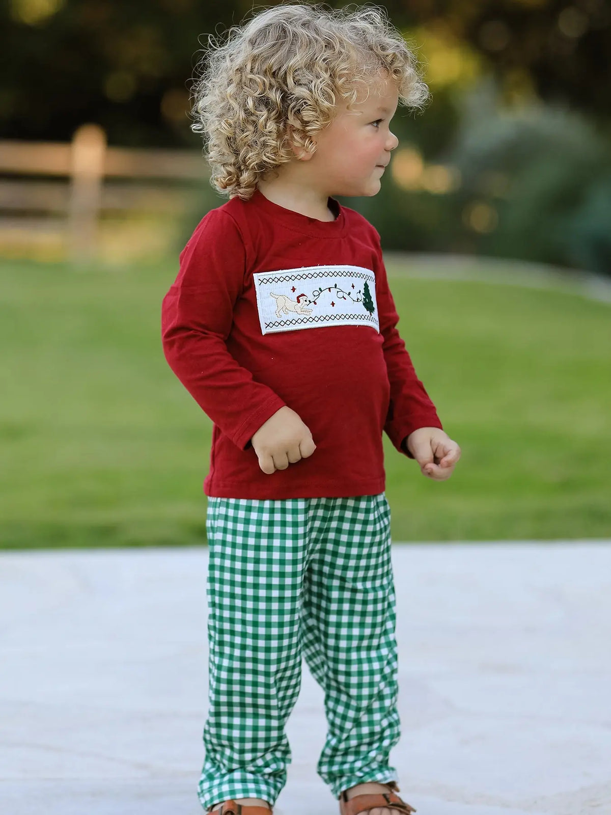 Christmas Tree Dog Smocking Embroidered  Plaid Boys Set Rylee Faith Designs