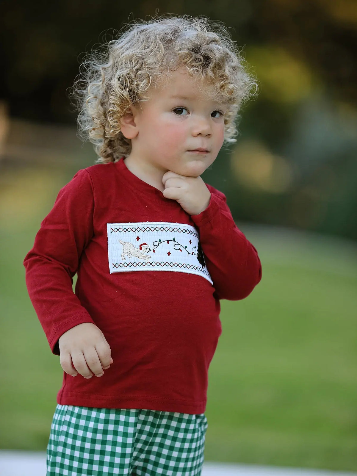 Christmas Tree Dog Smocking Embroidered  Plaid Boys Set Rylee Faith Designs