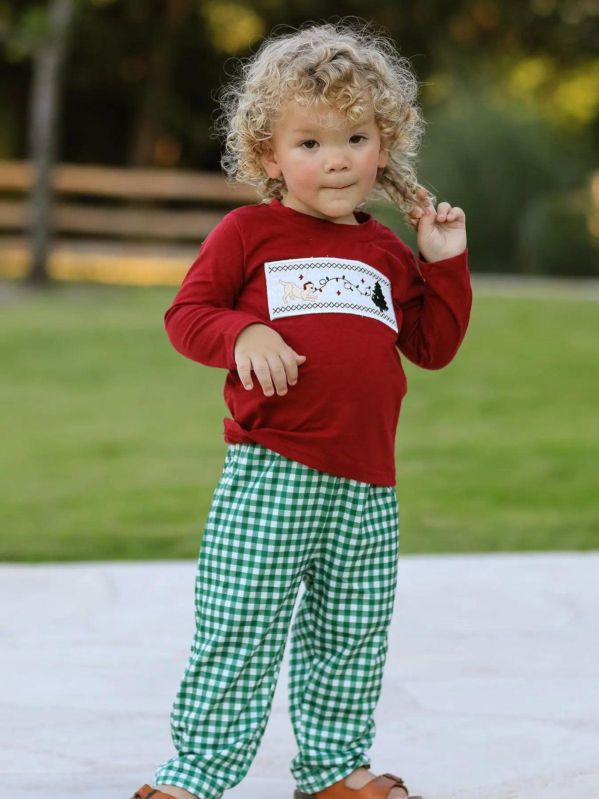 Christmas Tree Dog Smocking Embroidered  Plaid Boys Set Rylee Faith Designs