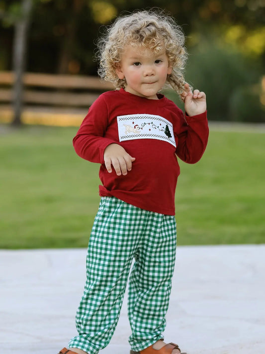 Christmas Tree Dog Smocking Embroidered  Plaid Boys Set Rylee Faith Designs