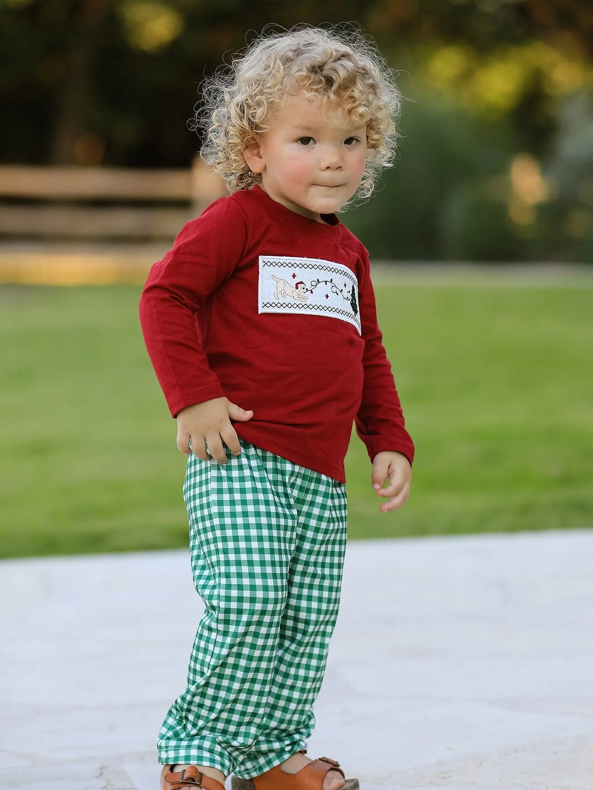 Christmas Tree Dog Smocking Embroidered  Plaid Boys Set Rylee Faith Designs