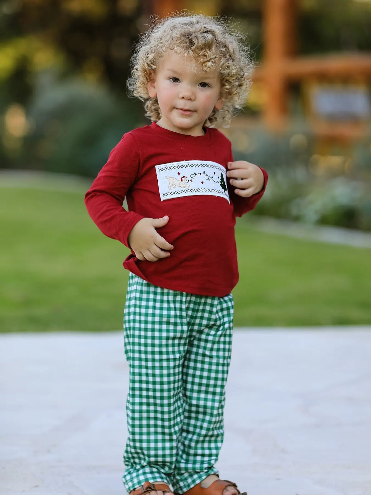 Christmas Tree Dog Smocking Embroidered  Plaid Boys Set Rylee Faith Designs