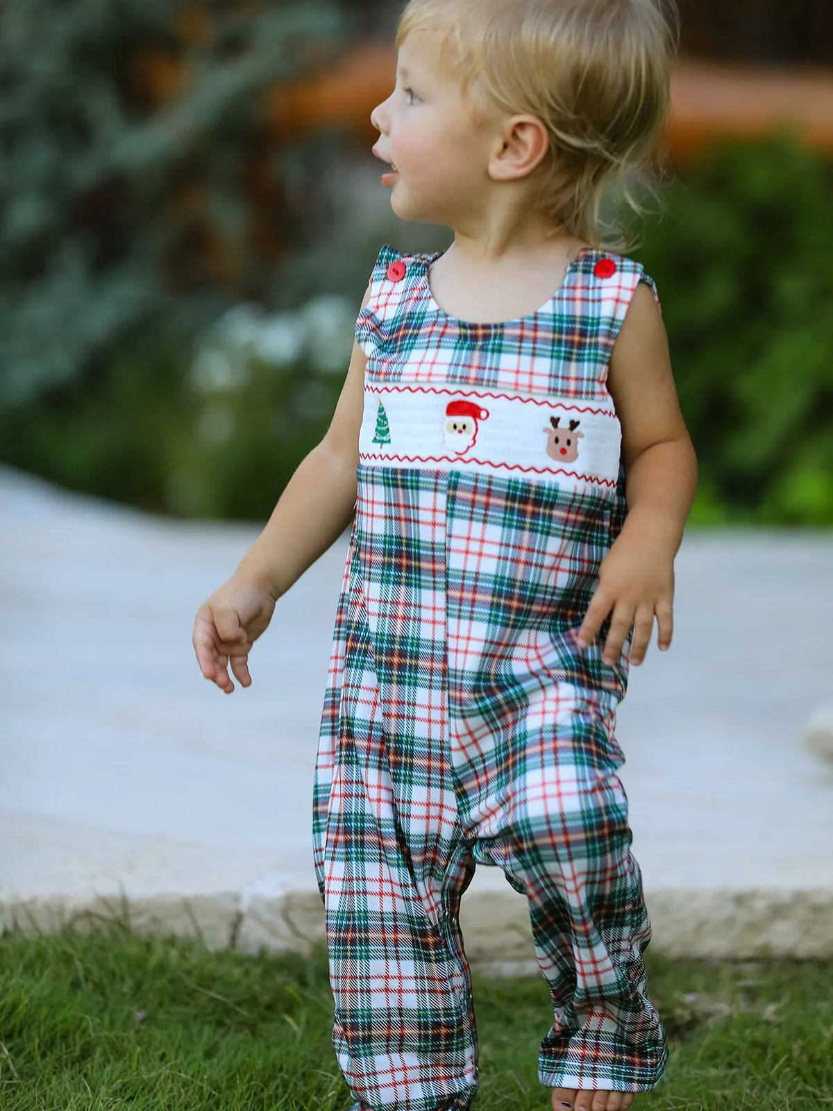 Christmas Jonjon Plaid Smocking Embroidered Boys Romper Rylee Faith Designs