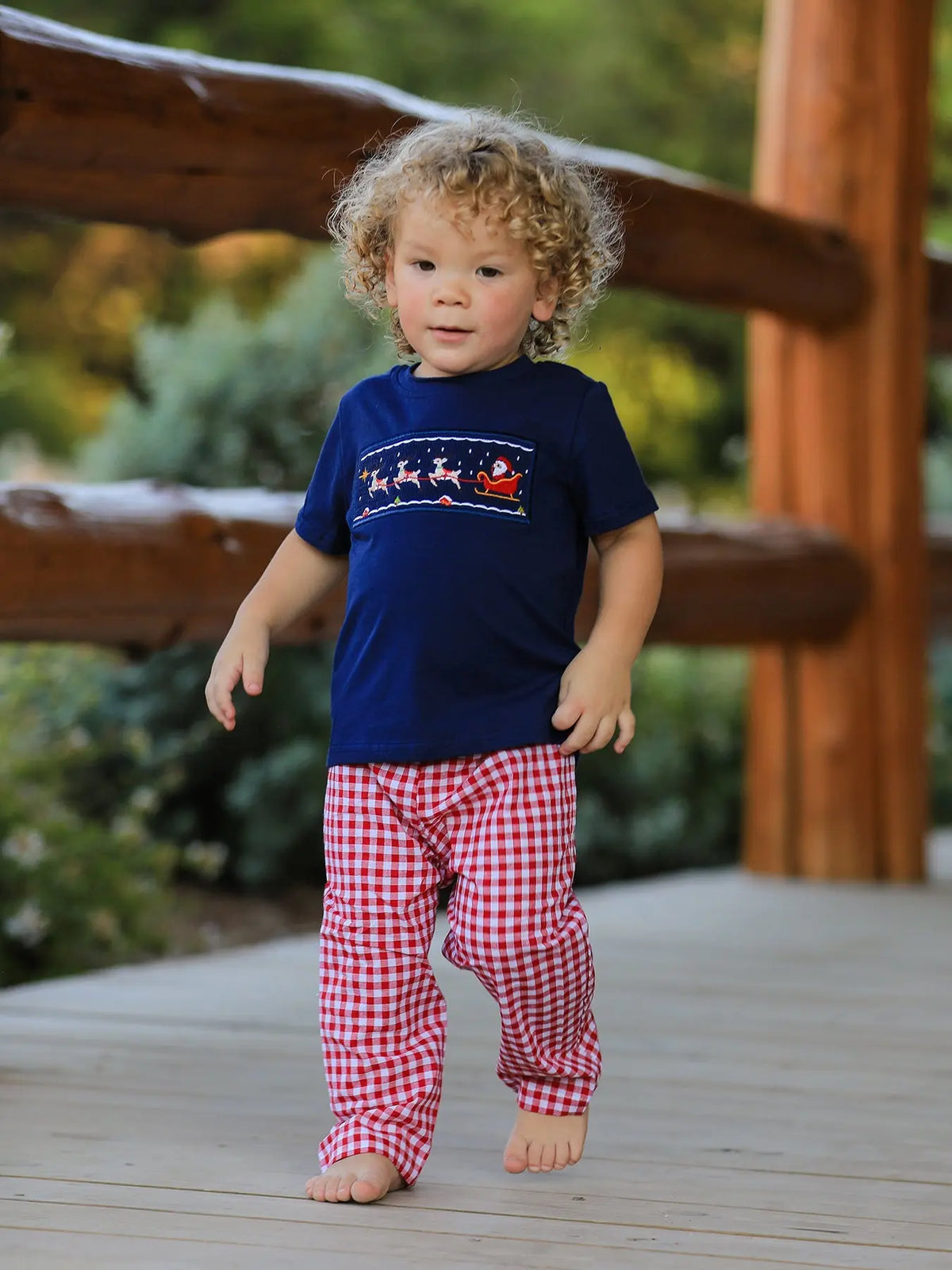 Christmas Holiday Celebration Boys Set: Navy with Santa Sleigh Rylee Faith Designs