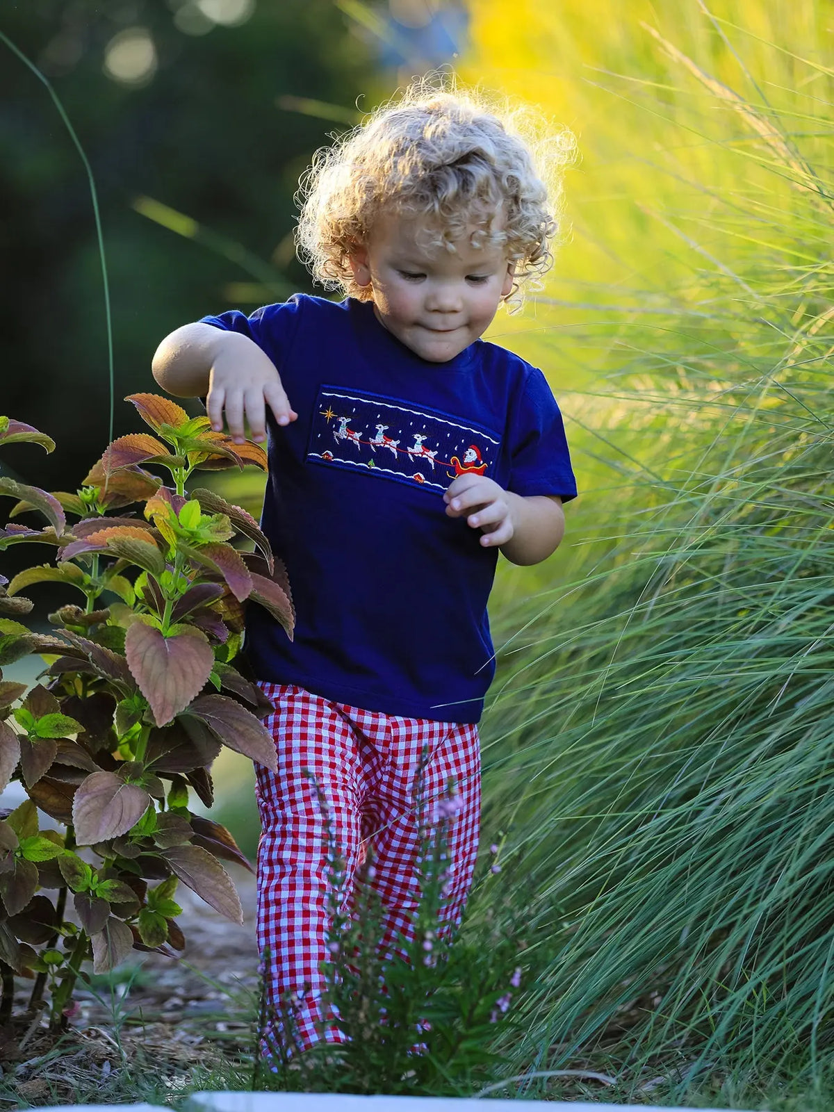Christmas Holiday Celebration Boys Set: Navy with Santa Sleigh Rylee Faith Designs