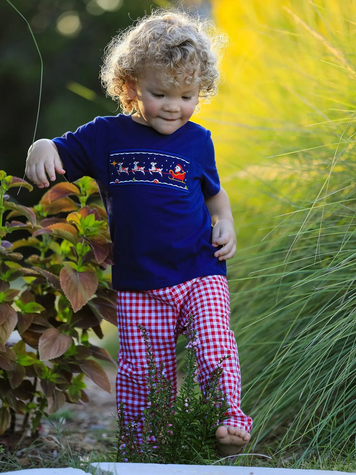 Christmas Holiday Celebration Boys Set: Navy with Santa Sleigh Rylee Faith Designs