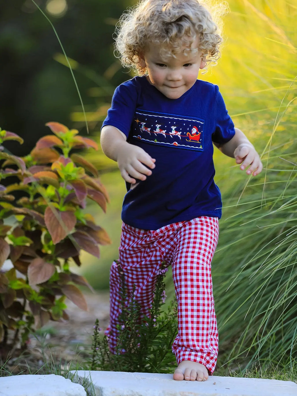 Christmas Holiday Celebration Boys Set: Navy with Santa Sleigh Rylee Faith Designs