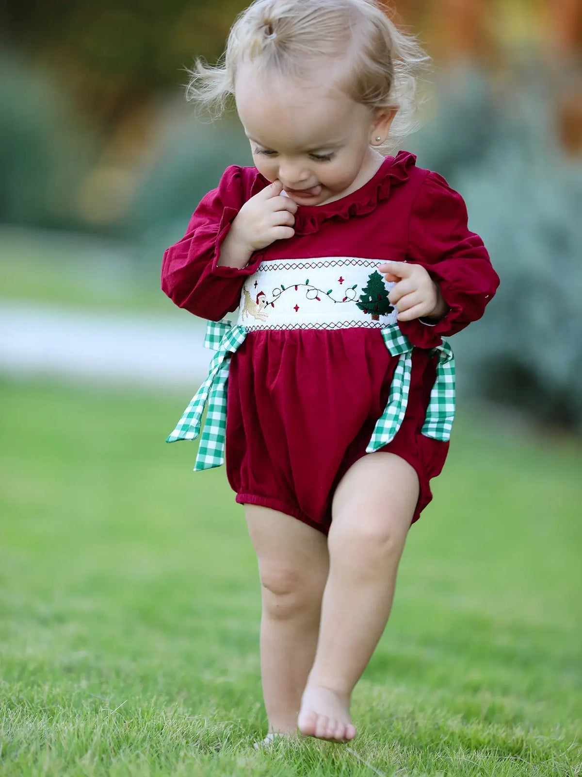 Christmas Embroidered Baby Girls Romper with Green Plaid Bow Rylee Faith Designs