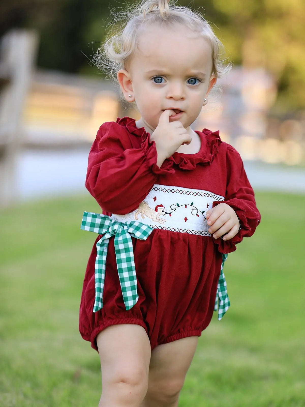 Christmas Embroidered Baby Girls Romper with Green Plaid Bow Rylee Faith Designs