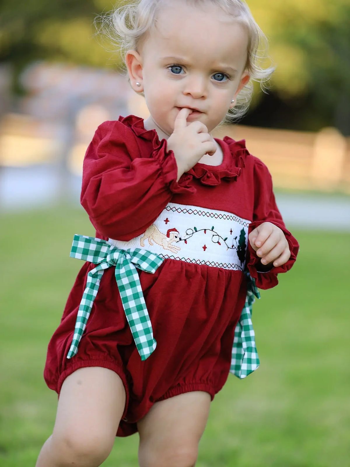 Christmas Embroidered Baby Girls Romper with Green Plaid Bow Rylee Faith Designs