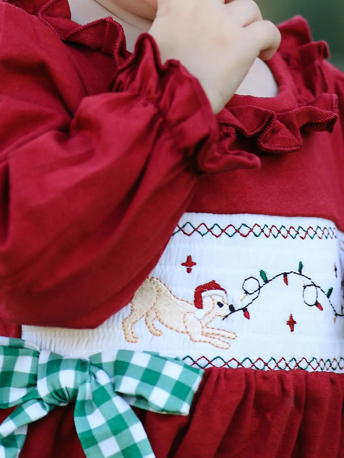 Christmas Embroidered Baby Girls Romper with Green Plaid Bow Rylee Faith Designs