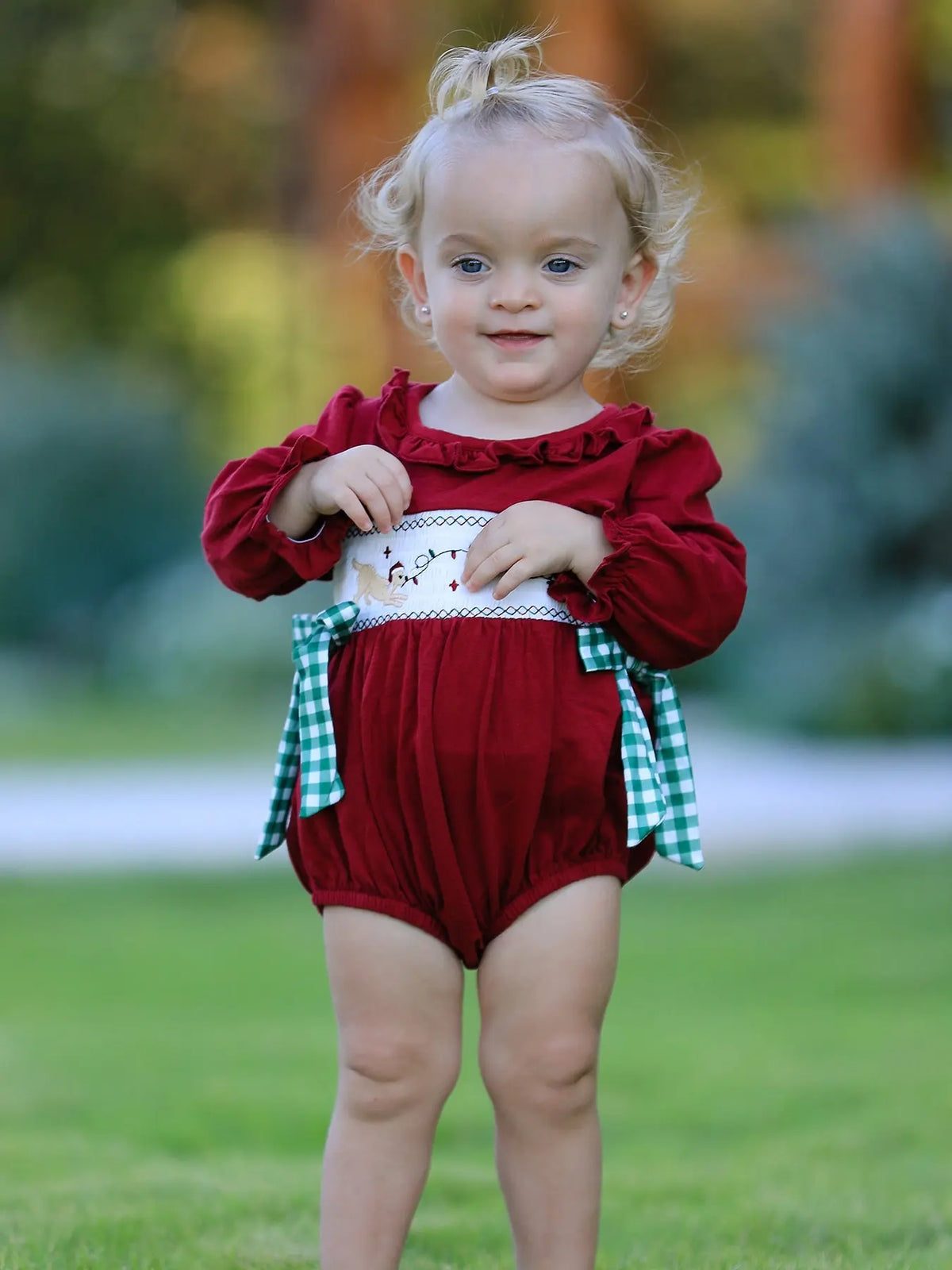 Christmas Embroidered Baby Girls Romper with Green Plaid Bow Rylee Faith Designs