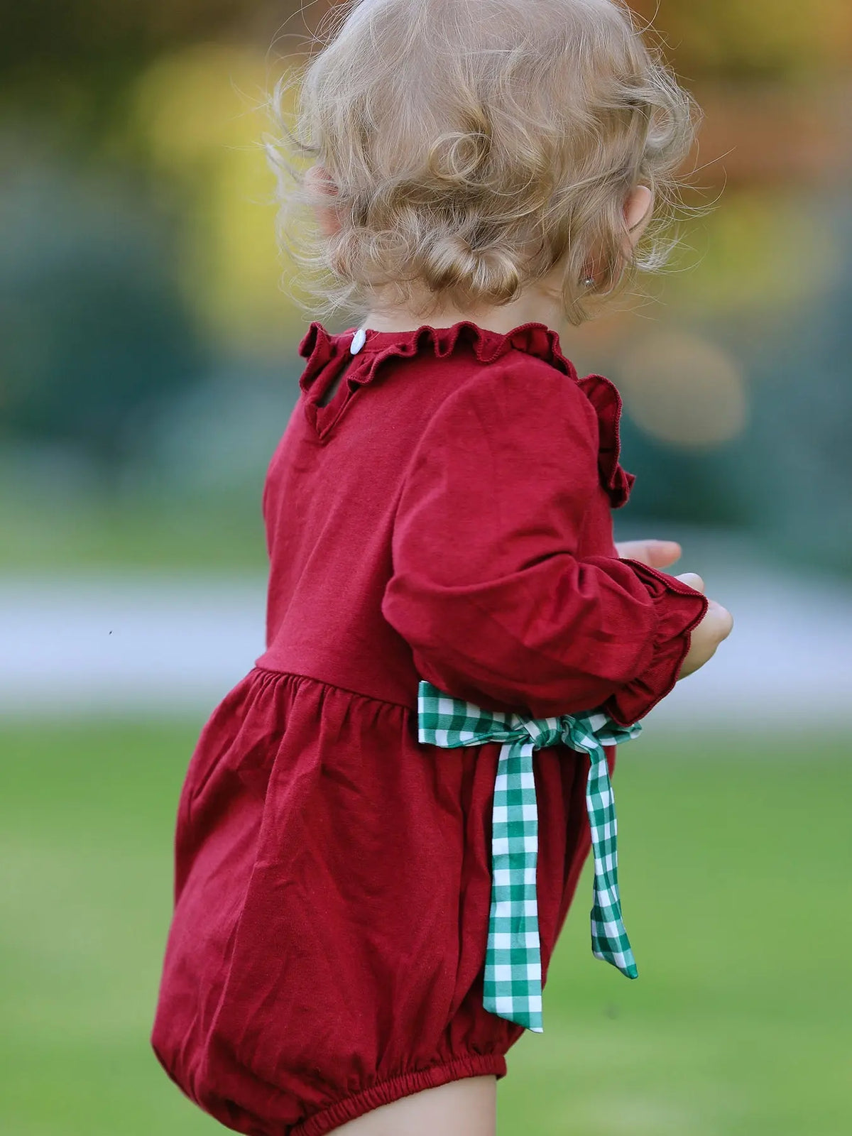 Christmas Embroidered Baby Girls Romper with Green Plaid Bow Rylee Faith Designs