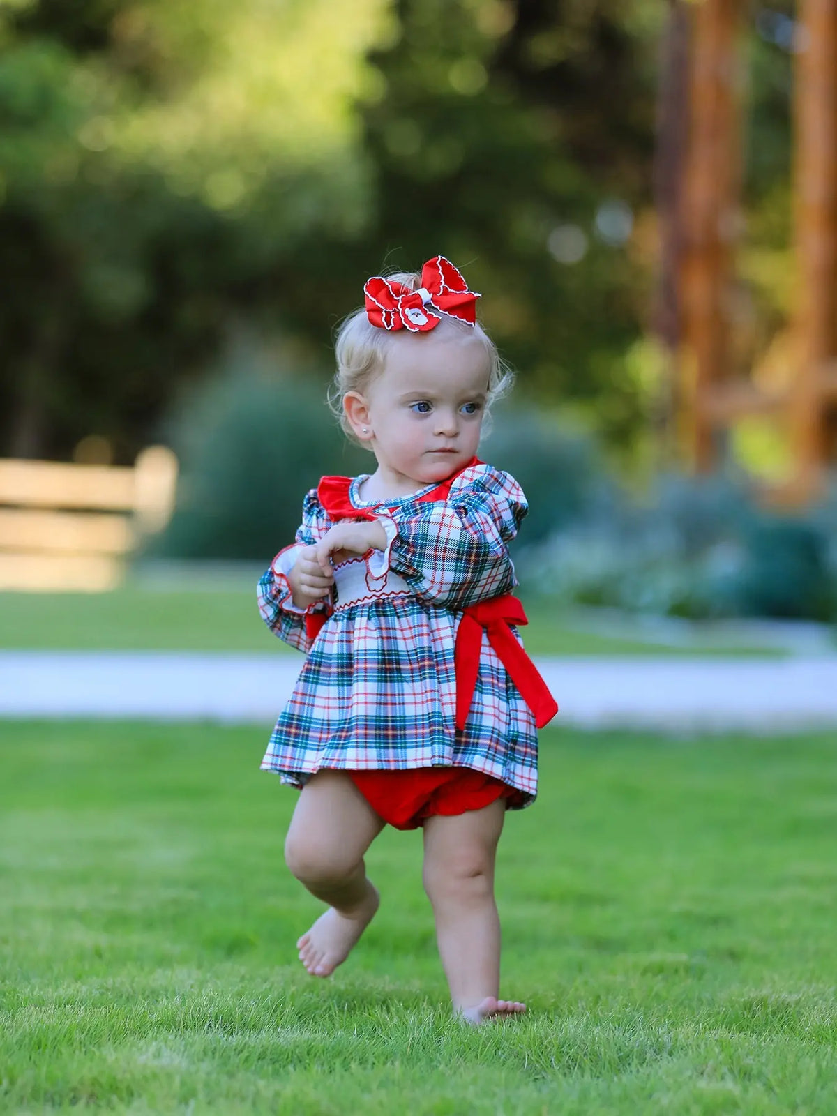 Christmas Plaid Smocking Embroidered Girls Bloomers Romper Set Rylee Faith Designs