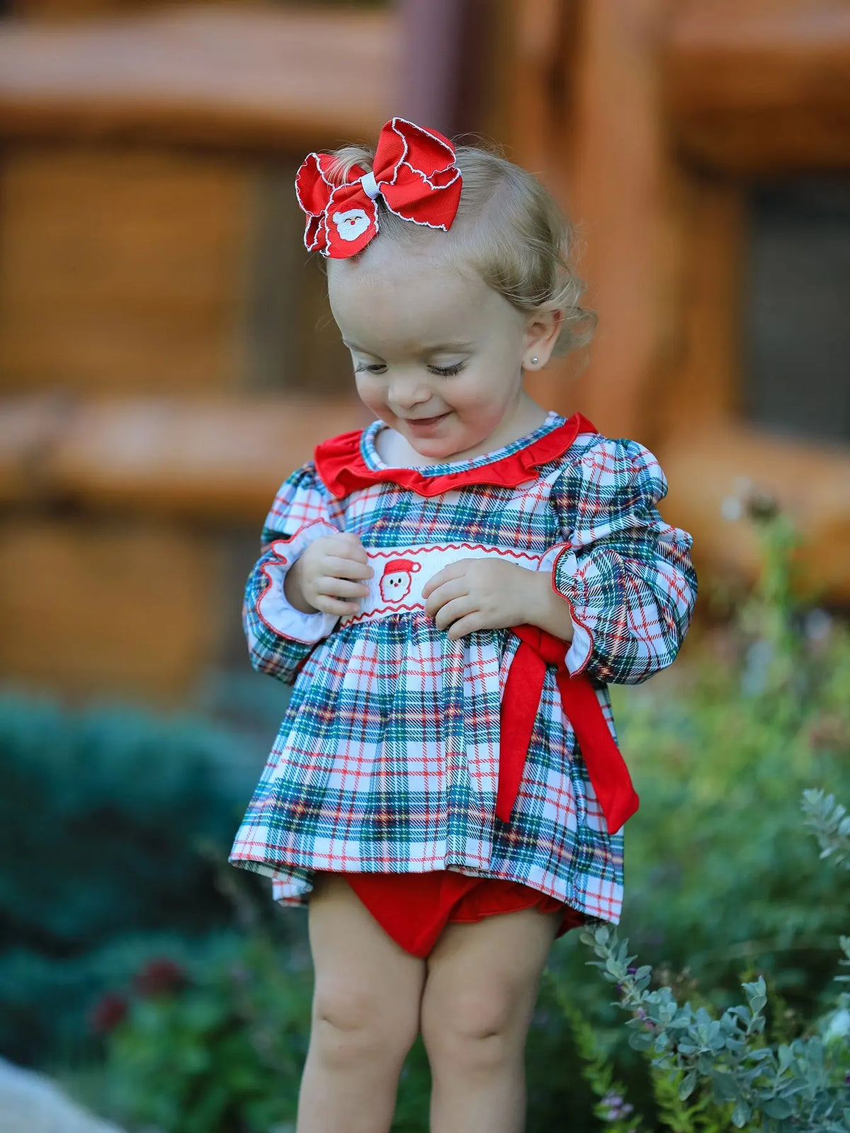 Christmas Plaid Smocking Embroidered Girls Bloomers Romper Set Rylee Faith Designs