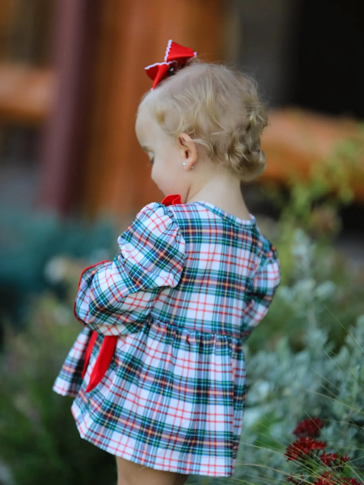 Christmas Plaid Smocking Embroidered Girls Bloomers Romper Set Rylee Faith Designs