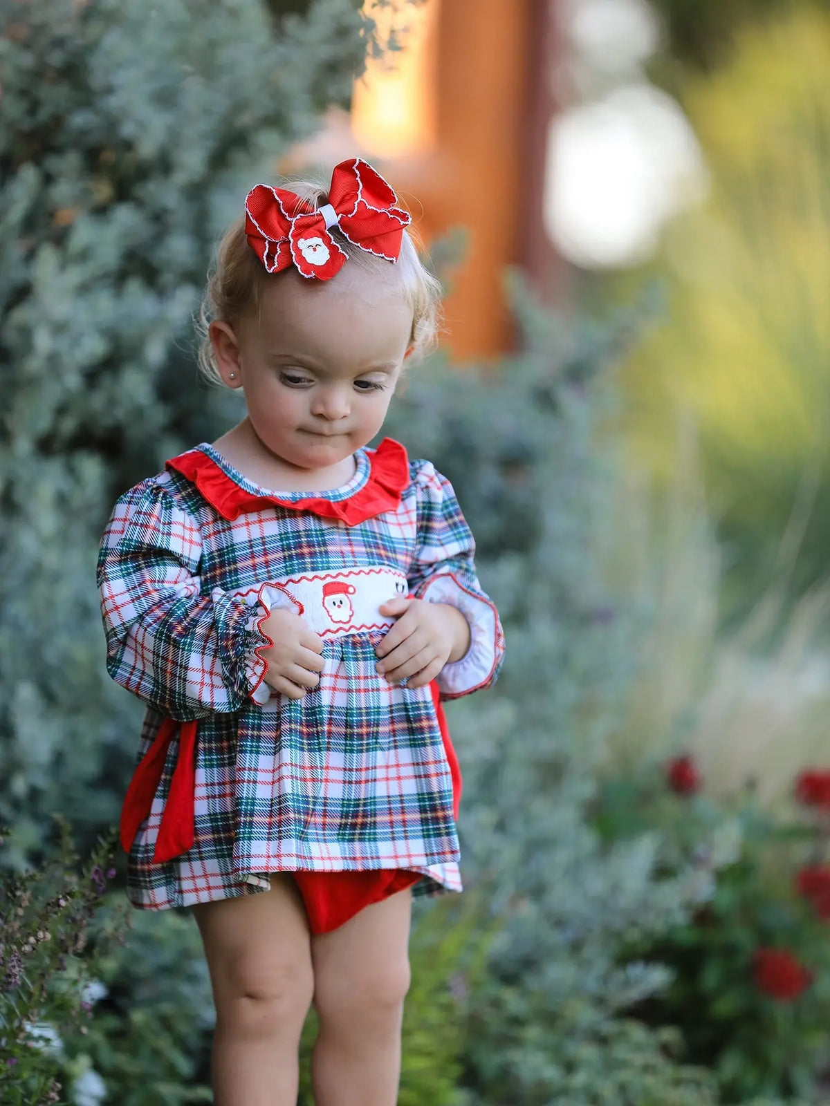 Christmas Plaid Smocking Embroidered Girls Bloomers Romper Set Rylee Faith Designs