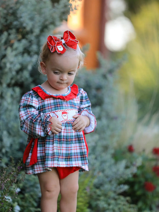 Christmas Plaid Smocking Embroidered Girls Bloomers Romper Set Rylee Faith Designs