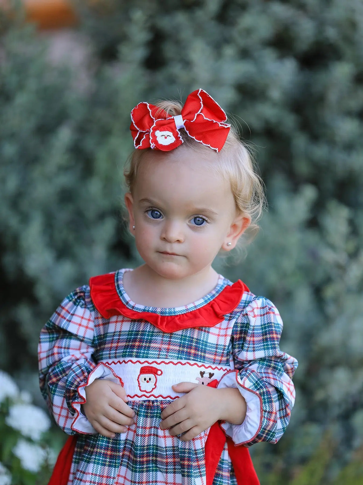 Christmas Plaid Smocking Embroidered Girls Bloomers Romper Set Rylee Faith Designs