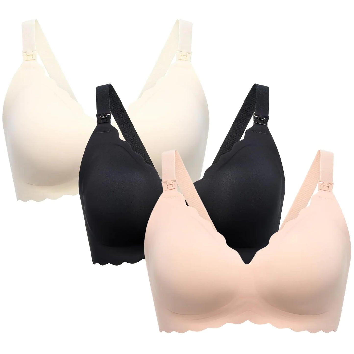 Momcozy Nursing Bras for Breastfeeding, Seamless Pregnancy Maternity Bra Wireless Classic Jelly Strip Support Nursing Bra XX-Large 3 Pack-black, Oyster Pink, Cream